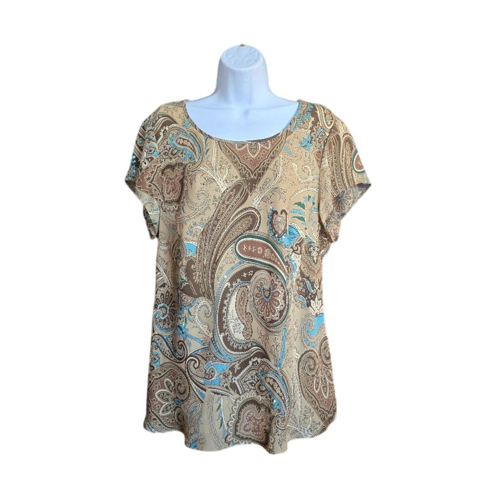 Kate Hill Silk Blouse Women 16W Tan Brown Blue Paisley Sequin‎ Boho Lagenlook